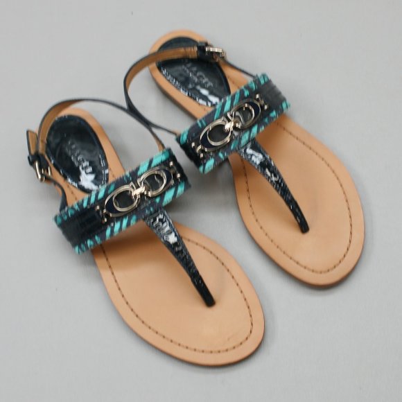 Coach Ladies 6.5 B Sammy Thong Turquoise Blue Zebra Ankle Strap Sandals - A0896 - Picture 6 of 12